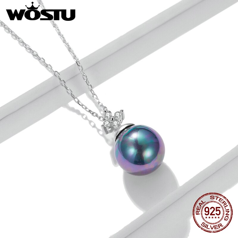 WOSTU 925 Sterling Silver Necklace Elegant Pearl Ball Long Chain Link Necklace For Women Fashion Jewelry CTN226