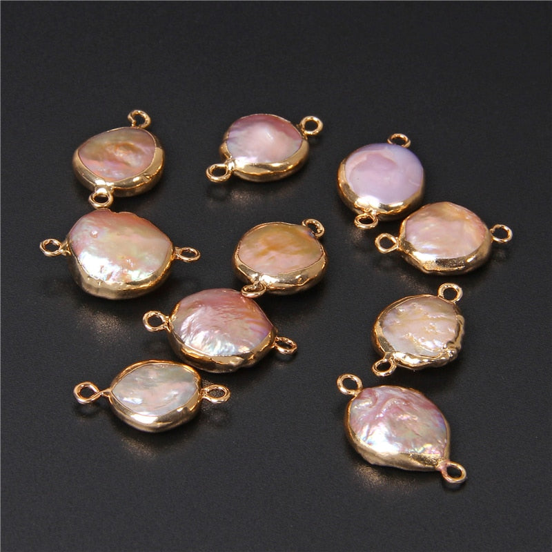 Natural Coin Flat Pearl Charms Connectors (3PCS)