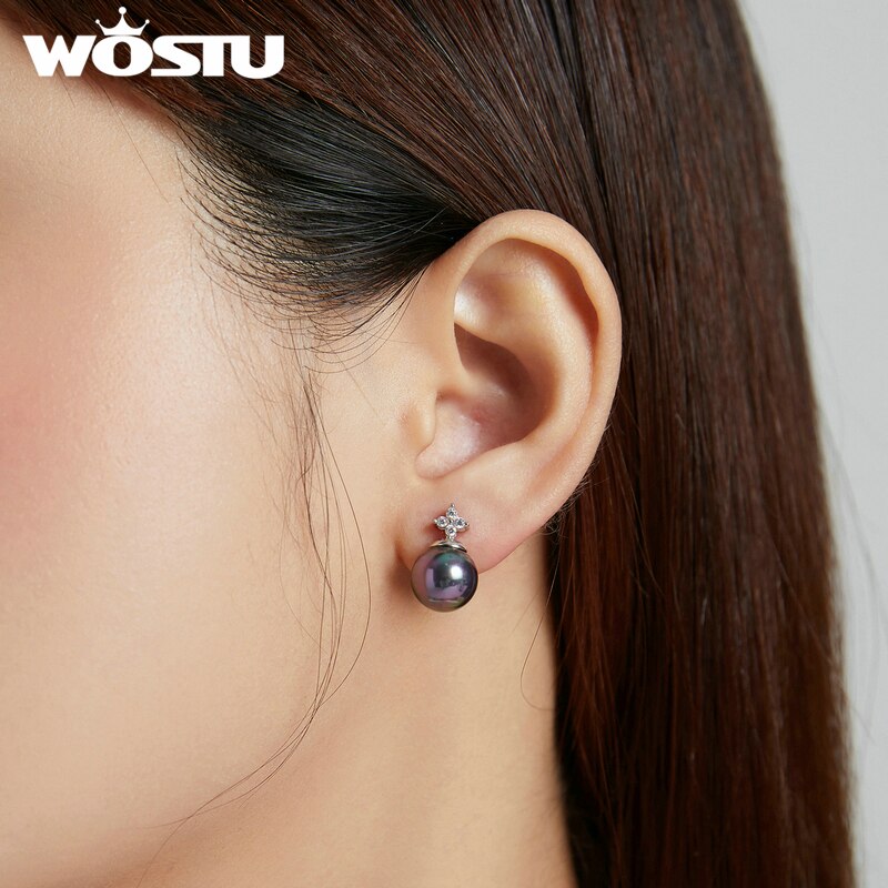 WOSTU 925 Sterling Silver Shiny CZ Stud Earrings Elegant Pearl Earrings For Women Fashion Silver Jewelry CTE498