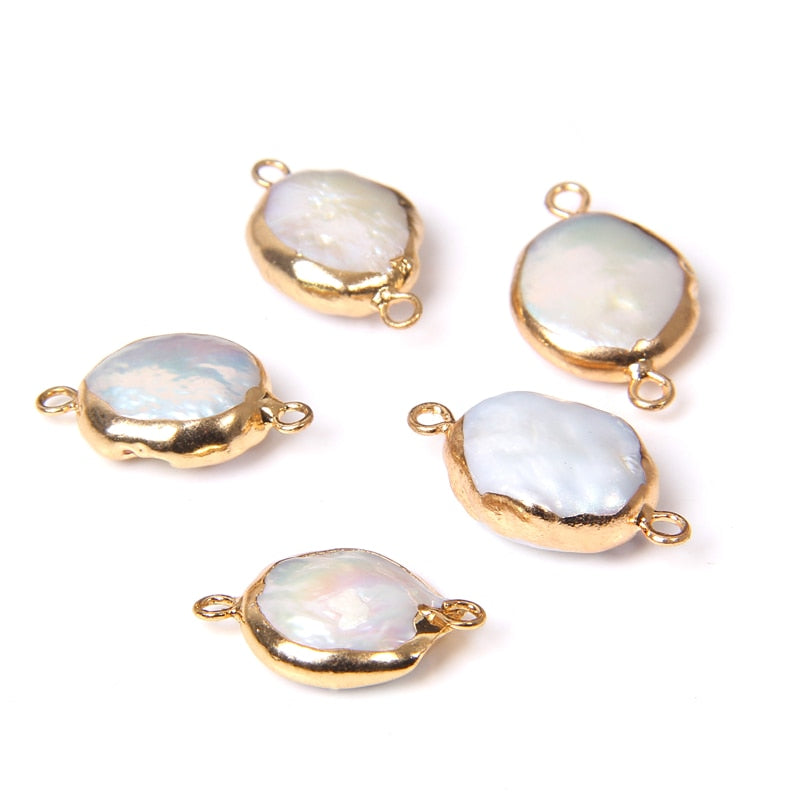 Natural Coin Flat Pearl Charms Connectors (3PCS)