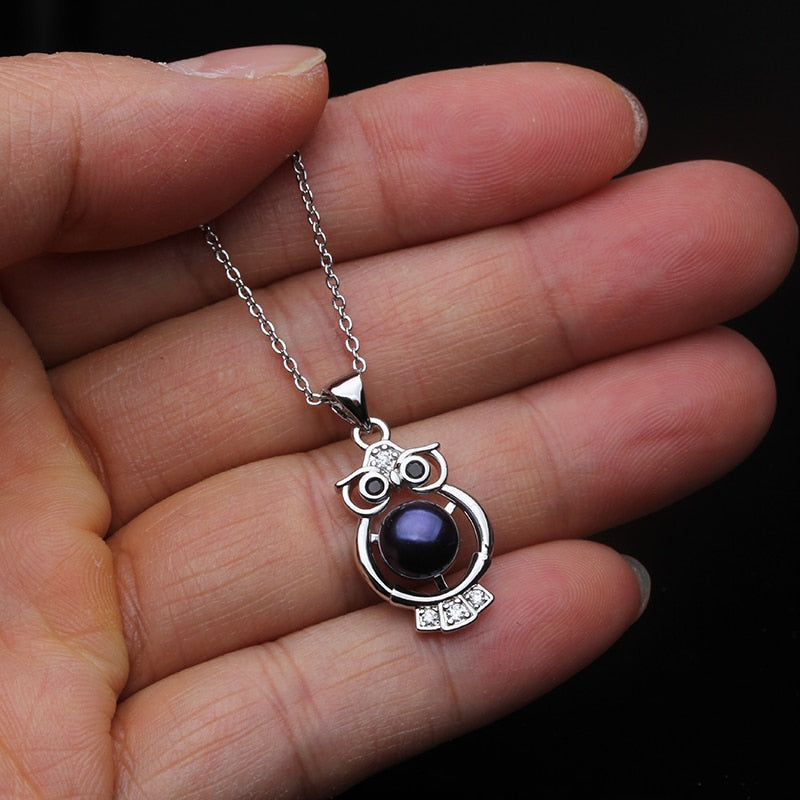 2021 Trendy Real Natural Freshwater Black Owl Pendant Women,925 Silver Annimal Necklace Jewelry Girl Birthday Gift