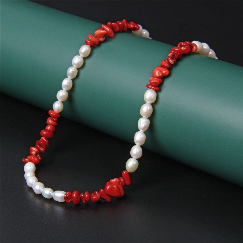 Amethysts &amp; Red Coral Turquoises Natural Pearls Necklace