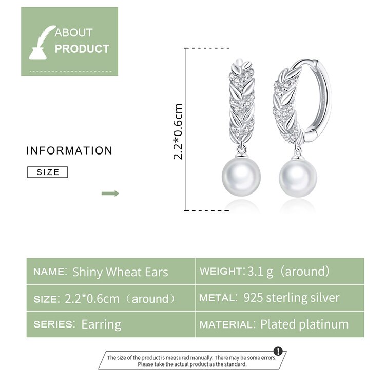 WOSTU Real 925 Sterling Silver Earrings Shining CZ Wheat Pearl Hoop Earrings Earrings For Women Friendship Jewelry CTE446