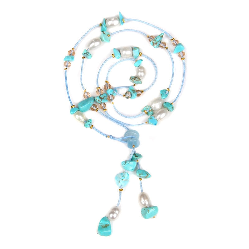 Blue Turquoises Stone Rope Natural Freshwater Pearl Bracelet