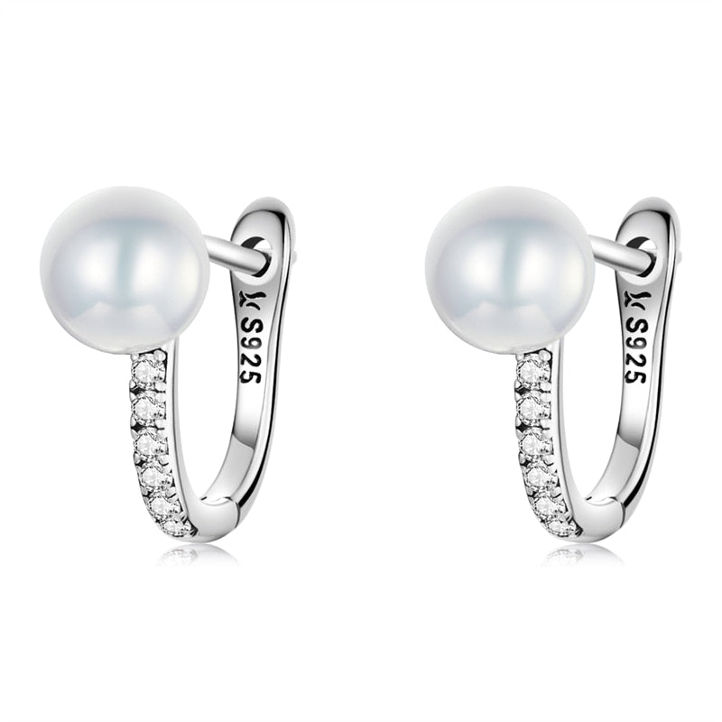 WOSTU 925 Sterling Silver Simple Shell Pearl Shining Zircon Stud Earrings For Women Fashion Party Jewelry CQE1288