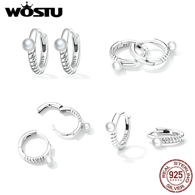 WOSTU 925 Sterling Silver Simple Shell Pearl Shining Zircon Stud Earrings For Women Fashion Party Jewelry CQE1288